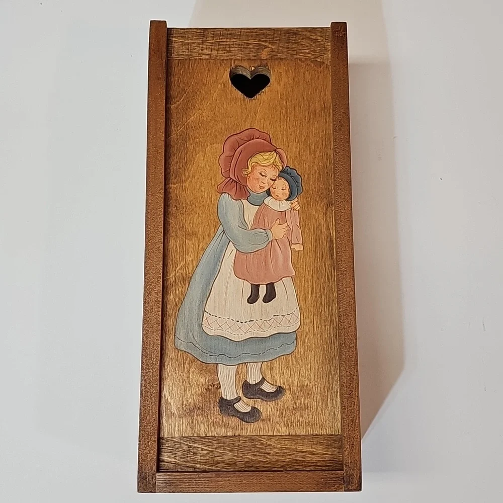 Beautiful Vintage Handpainted Prairie Girl+Doll Wooden Keepsake Box, Sliding Lid